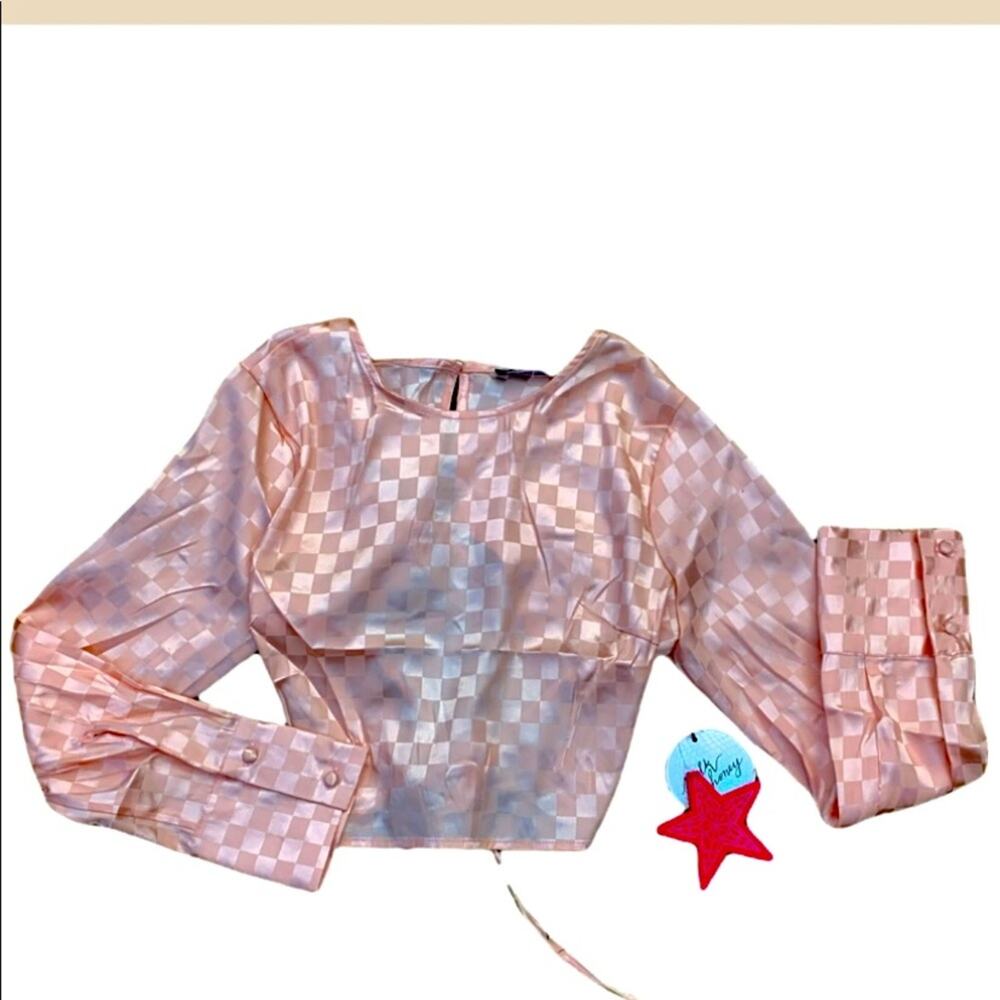 Milk & Honey Satin Blush Checkered Wrap Top Size Medium
